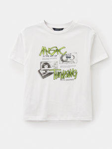 Nukutavake Boys White “Musical with graffiti” T-Shirt: Size 8 to 18