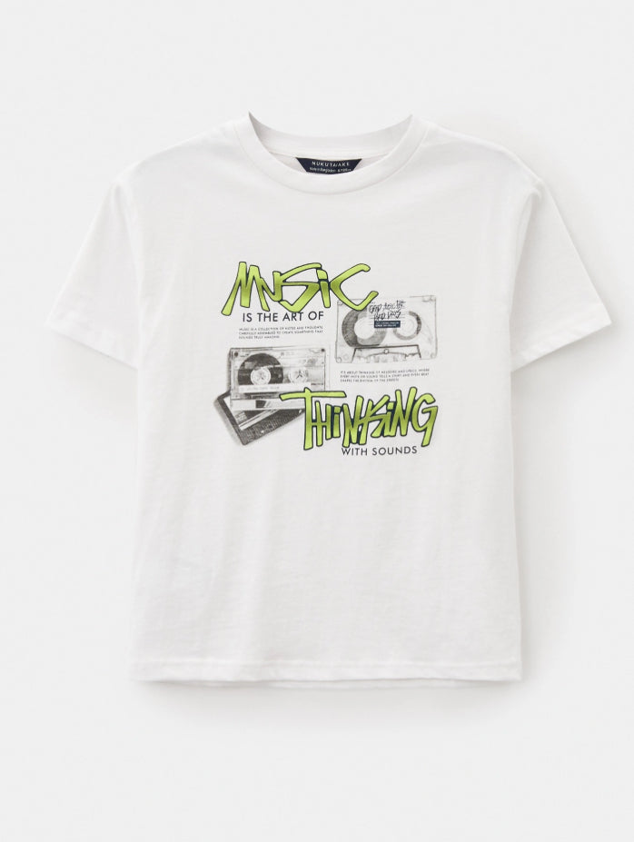 Nukutavake Boys White “Musical with graffiti” T-Shirt: Size 8 to 18