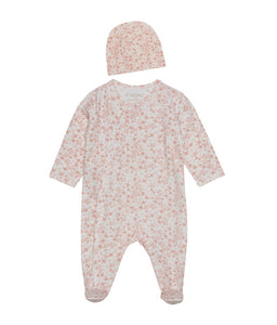 Fixoni Organic Cotton Footed Sleeper in Flower Print With Matching Hat: Size 0-1M to 9M