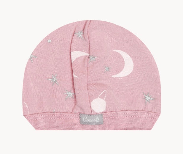 Coccoli Pink Stars and Moon Print Infant Cap: Size NB/1M to 3/6M