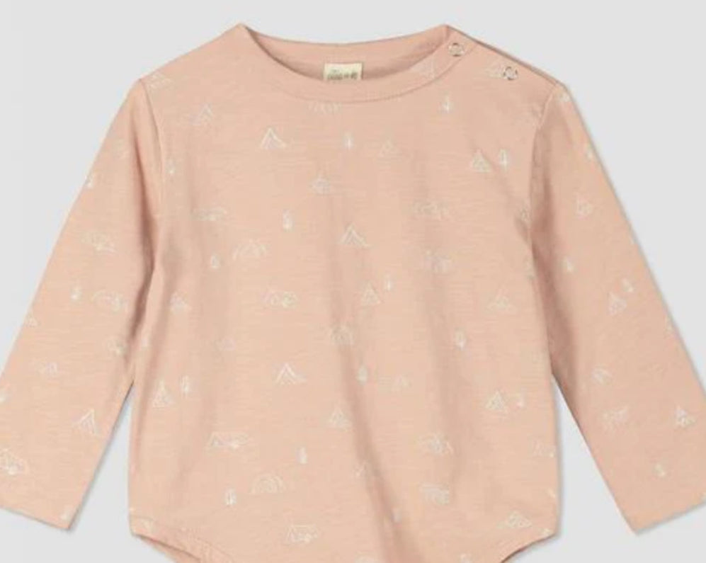 Ettie + H “Morgan” Long Sleeved Tee in Pink Tents Print: Size 2 to 7 Years