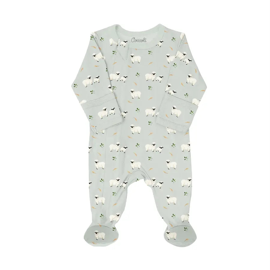 Coccoli Cotton-Modal Zipper Sleeper in Baby Lambs Print: Size NB to 18M