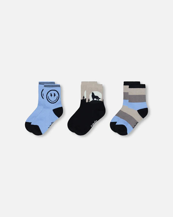 Deux Par Deux 3 Pack Socks - Happy Face/Wolf/Stripes Size 3/4 to 10/12 Years