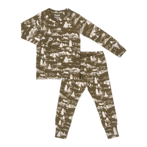 Coccoli Dark Green Mountain Scene Print Pajama Set: Size 2 to 14 Years