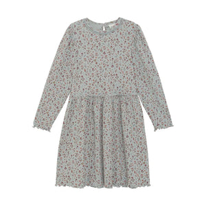 Minymo Long Sleeved Floral Print Dress in Pewter Blue: Sizes 3 to 12 Years