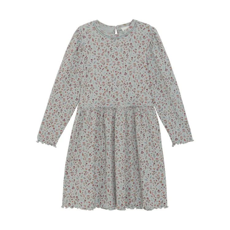 Minymo Long Sleeved Floral Print Dress in Pewter Blue: Sizes 3 to 12 Years