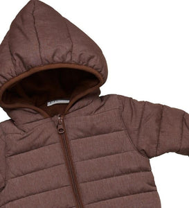 Fixoni Baby Puffer One Piece Lined Outdoor Romper in Brown: Size 6M to 18M