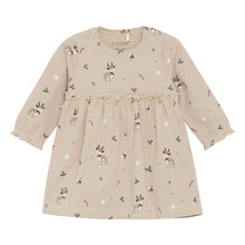 Load image into Gallery viewer, Fixoni Organic Cotton Long Sleeved Dress in Beige With Reindeer Print: Size 0M to 9M
