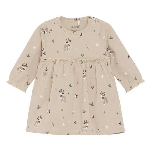 Fixoni Organic Cotton Long Sleeved Dress in Beige With Reindeer Print: Size 0M to 9M