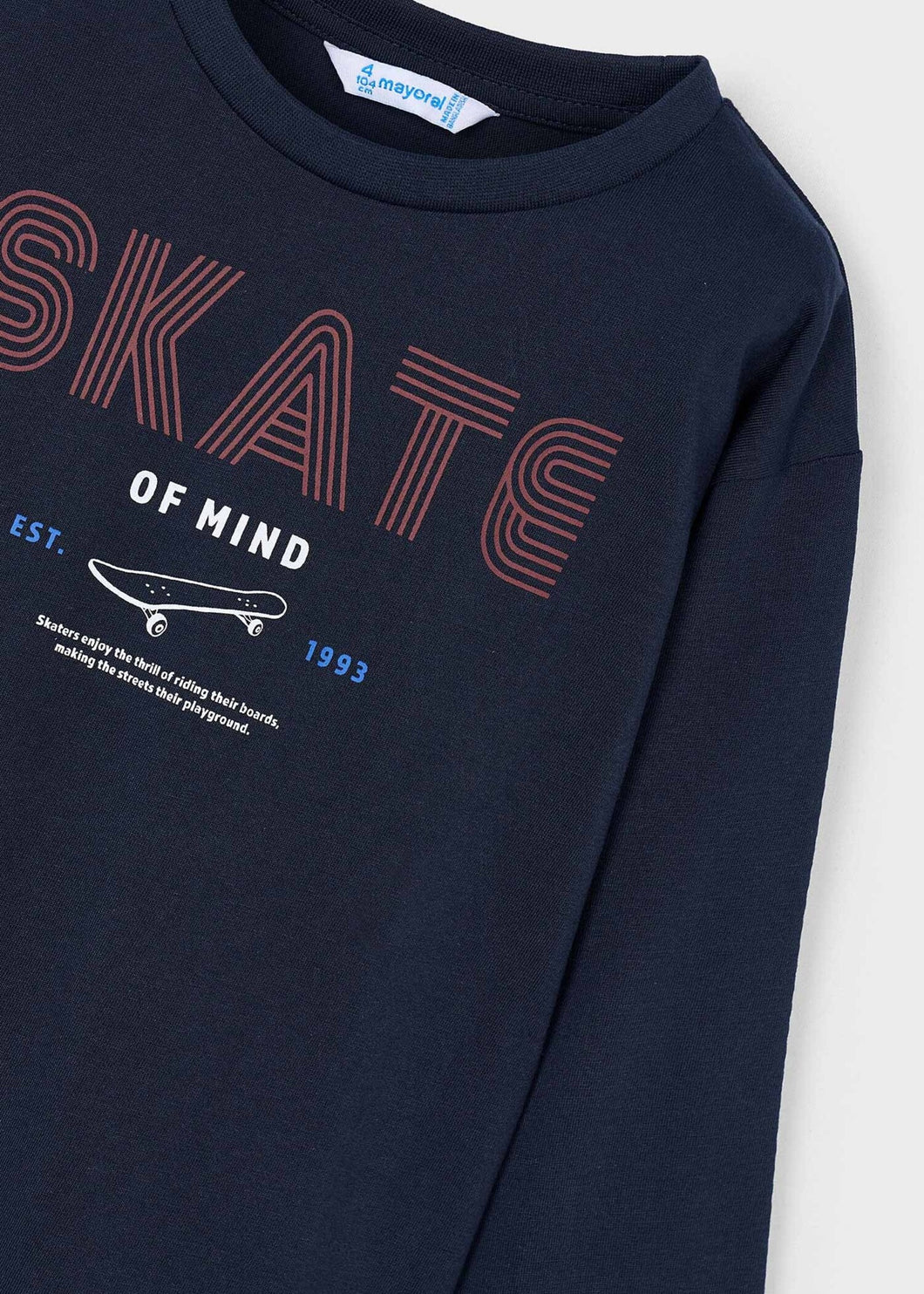 Mayoral Boys Long Sleeved “Skate of Mind” Graphic Tee on Cream: Size 2 to 9 Years