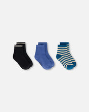 Load image into Gallery viewer, Deux Par Deux 3 Pack Sock (Teal Stripes/Blue/Black): Size 3/4 to 10/12 Years

