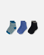 Load image into Gallery viewer, Deux Par Deux 3 Pack Sock (Teal Stripes/Blue/Black): Size 3/4 to 10/12 Years
