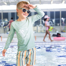 Load image into Gallery viewer, Nano Boys Long Sleeved Rashguard in Pale Green with Beach Graphic: Size 3 to 14 Years
