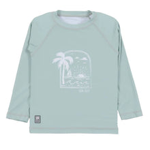 Load image into Gallery viewer, Nano Boys Long Sleeved Rashguard in Pale Green with Beach Graphic: Size 3 to 14 Years
