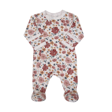 Load image into Gallery viewer, Coccoli Zipper Footie Onesie in Watercolour Flowers Print : Size 1M to 24M
