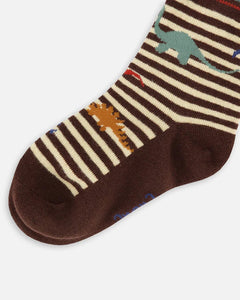 Deux Par Deux “Colorful Dinos” Print Socks : Size 3/4 to 10/12 Years