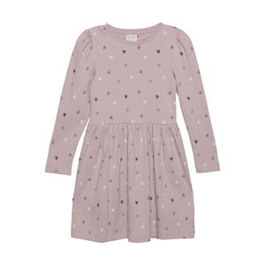 Minymo “Hearts” Long Sleeve Cotton Dress in Soft Lavender: Size 24M to 8 Years