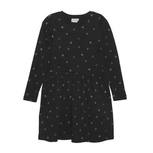 Minymo “Hearts” Long Sleeve Cotton Dress in Soft Black: Size 24M to 12 Years