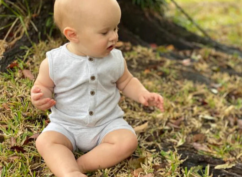 Ettie & H “Gossan” 100% Cotton Playsuit in Soft Grey: Size NB to 12/18M