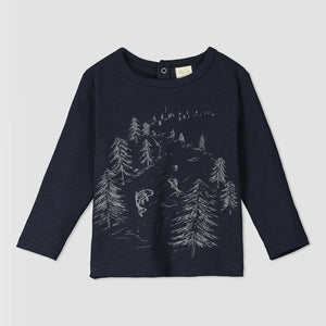 Ettie & H “Jago” Long Sleeved Cotton Tee in Navy Trees Print: Size NB to 7 Years