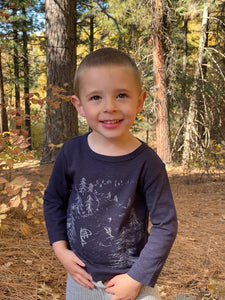 Ettie & H “Jago” Long Sleeved Cotton Tee in Navy Trees Print: Size NB to 7 Years