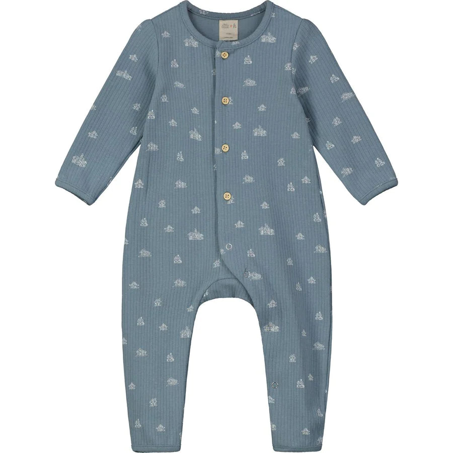 Ettie & H “Jowan” Ribbed Cotton Romper in Blue Cottages Print: Size 9/12M to 18/24M