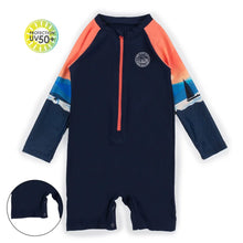 Load image into Gallery viewer, Nano Baby Boy One Piece Rashguard in Navy/Orange: Size 6/9M to 18/24M
