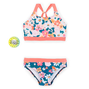 Nano Girl Tropical Floral in Coral 2 Piece Swimsuit: Size 4 to 14 Years