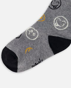 Deux Par Deux Heather Grey Emoji Socks : Size 3-12