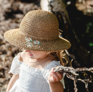 Calikids Rafia Hat with Flowers Detail and Chin Strap : Size Toddler to Junior