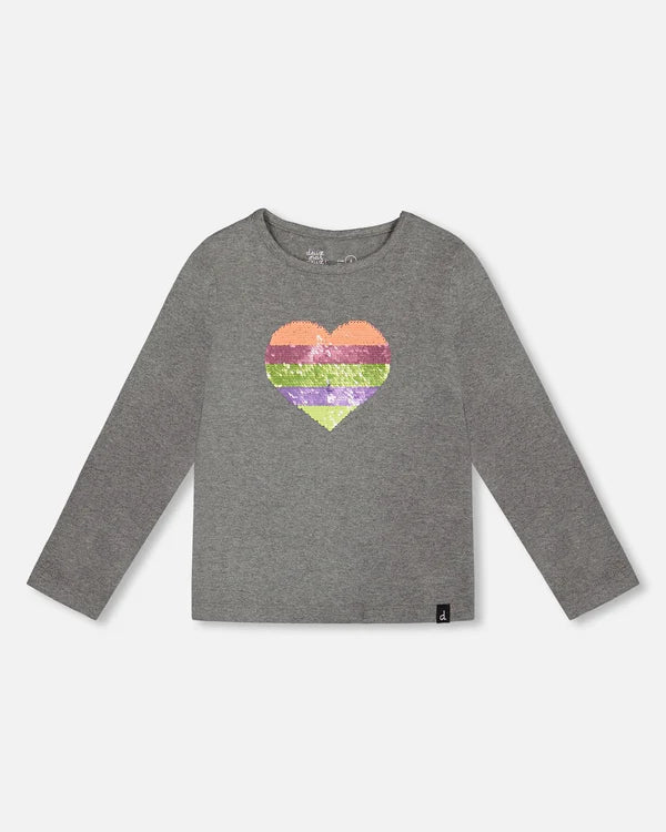 Deux Par Deux Girls Long Sleeved Tee with Reversible Sequin Heart: Size 3 to 10 Years