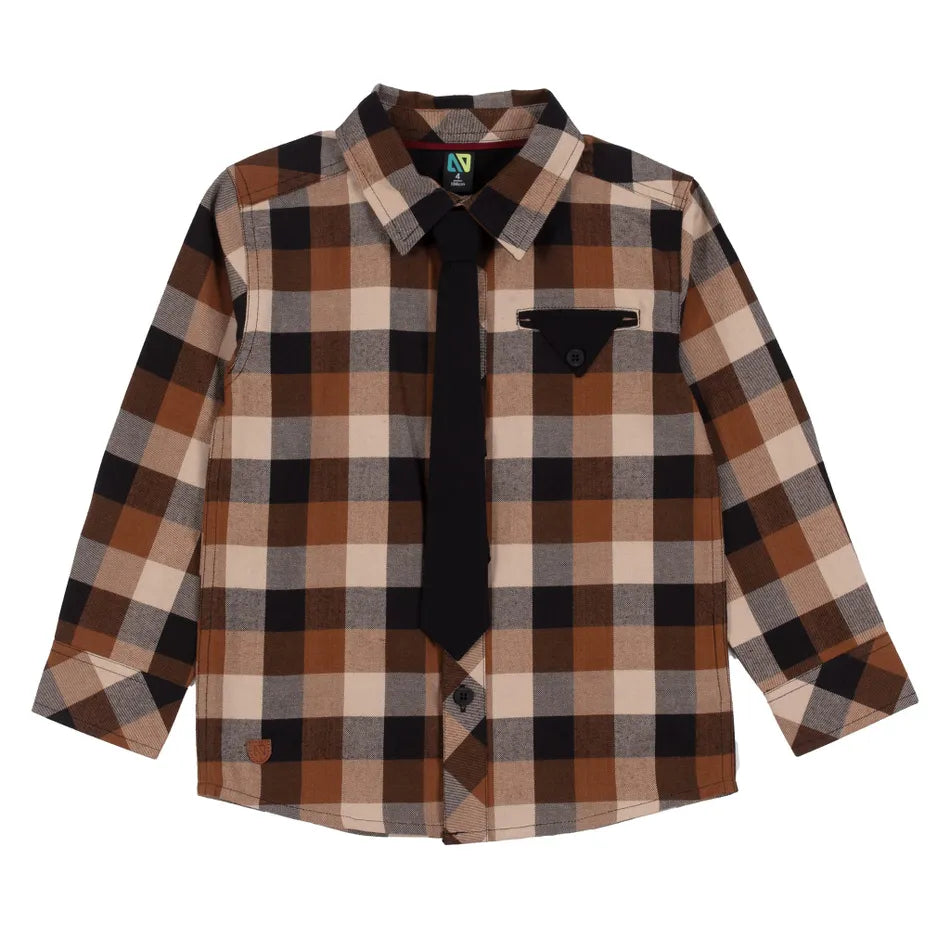 Nano Boy Button Down Shirt w Tie in Cocoa Brown Plaid: Size 2 to 14