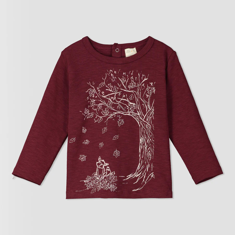 Ettie & H “Jago” Long Sleeved Cotton Tee in Burgundy Trees Print: Size NB to 7 Years