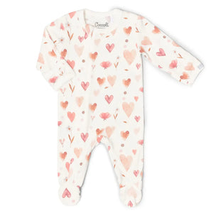 Coccoli Cotton-Modal Zipper Sleeper in Pink Hearts: Size NB to 18M