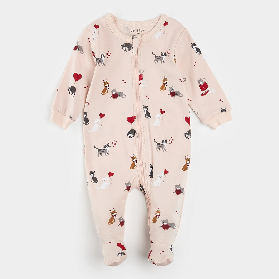 Petit Lem “Meowentine” Print Baby Sleeper: Sizes NB to 24M