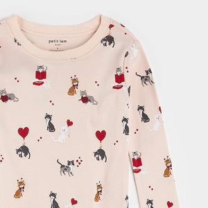 Petit Lem “Meowentine” Print 2 Piece Pajama Set: Size 2 to 14 Years