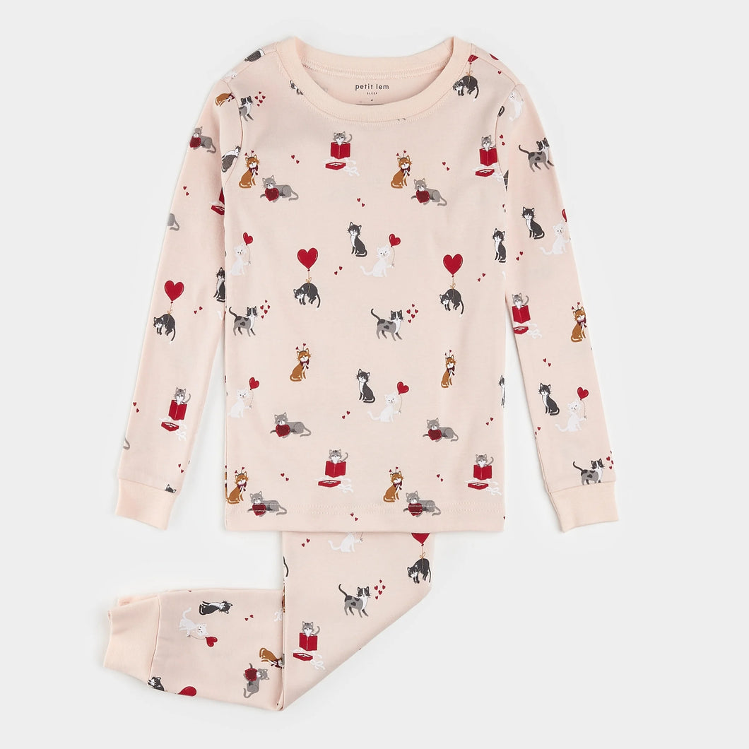 Petit Lem “Meowentine” Print 2 Piece Pajama Set: Size 2 to 14 Years