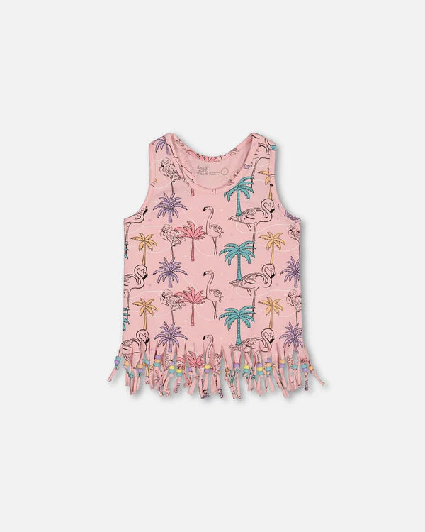 Deux Par Deux Flamingos and Palm Tree Print Tank Top with Fringe: Size 2 to 10