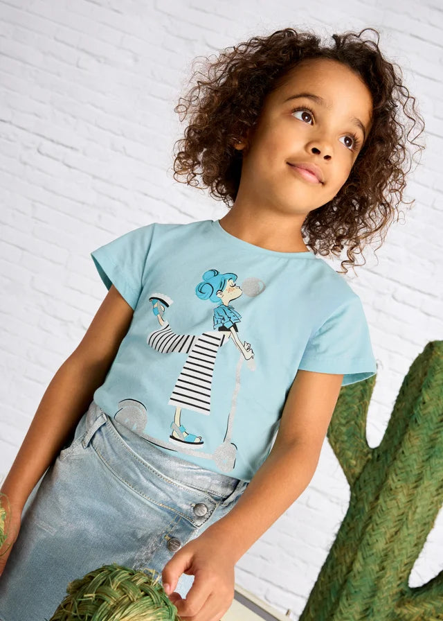 Mayoral Girls “Scooter Girl” Graphic Tee in Aqua: Size 2 to 8
