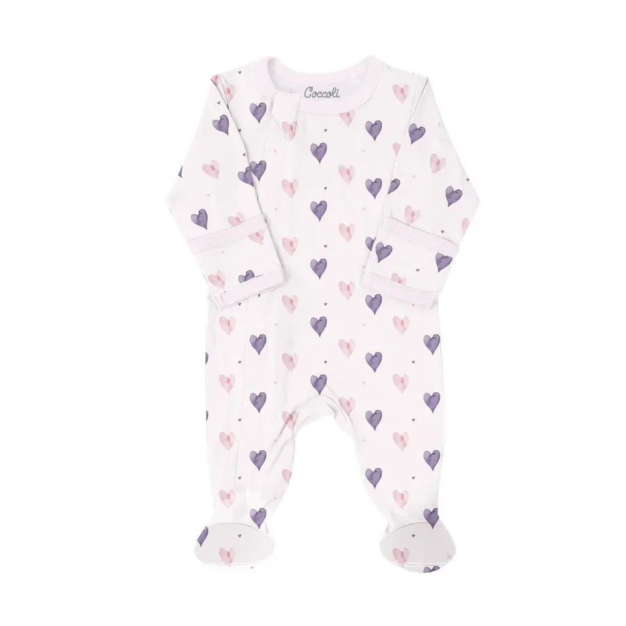 Coccoli Cotton-Modal Zipper Sleeper in Pink and Purple Hearts Print: Size NB to 18M