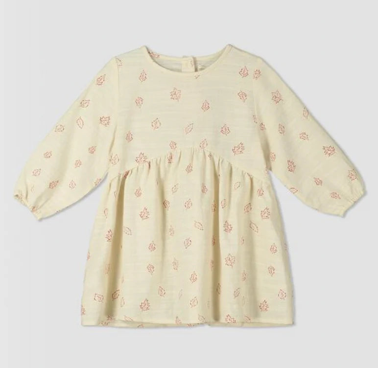 Ettie & H Long Sleeved Cotton Gauze Dress in Ivory Leaves Pattern: Sizes 0/3M to 24M