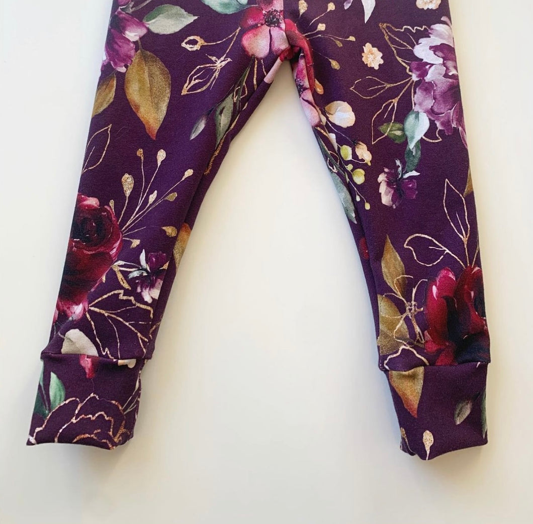 Coast Kids Clothing Locally Made Plum Golden Floral Leggings : Size NB to 4T