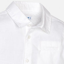 Load image into Gallery viewer, Mayoral Boys Linen Blend Dress Shirt in White (w/ Tiny Blue Dots Lining) Size 6M to 24M

