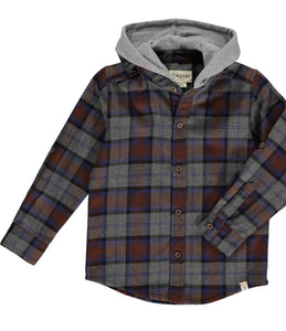 Me & Henry Youth Hooded Shirt Jacket in Brown/Grey/Blue Plaid : Size 8/9 to 14