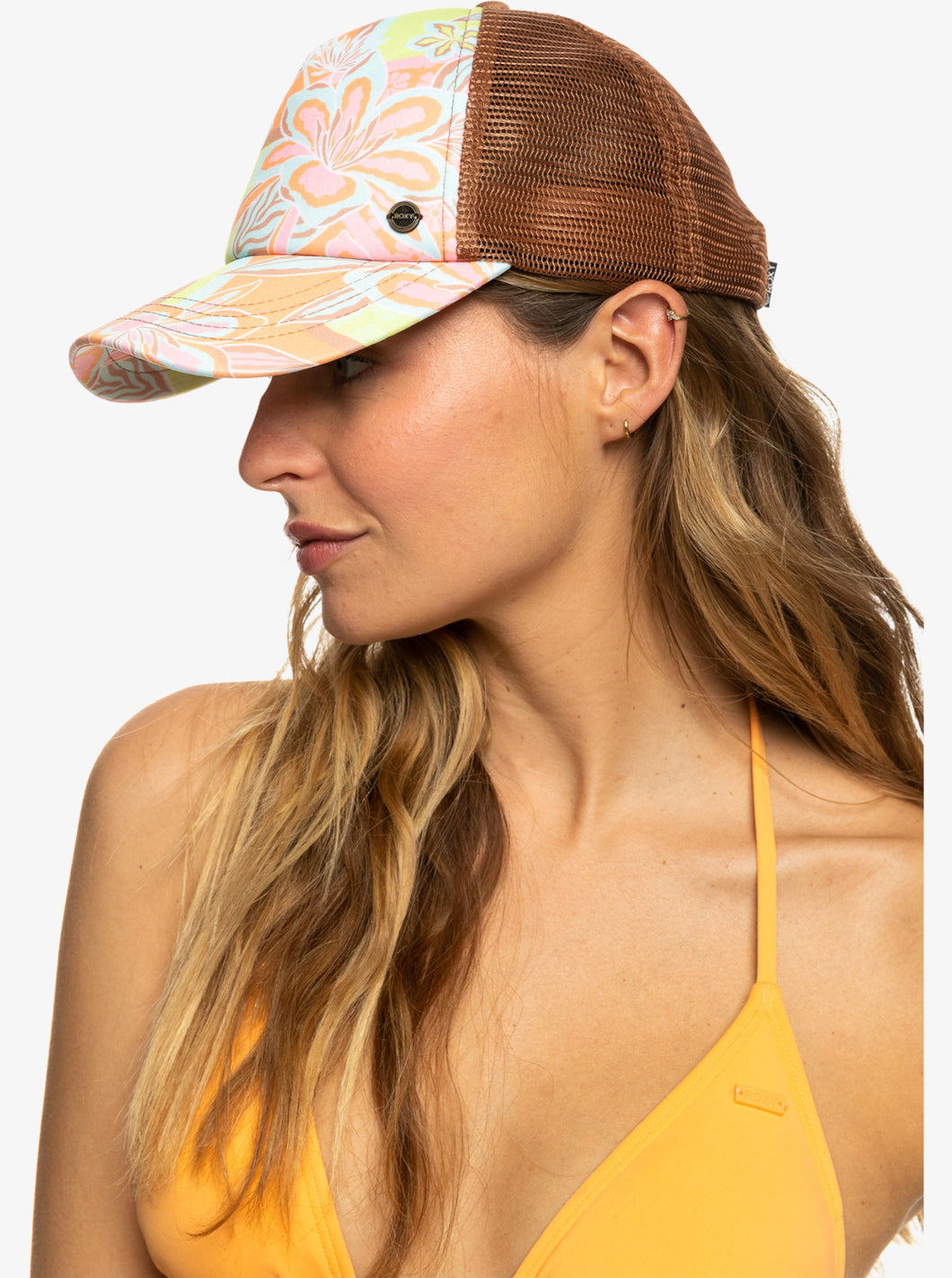 Roxy “Beautiful Morning” Trucker Hat in Orange/Floral Print