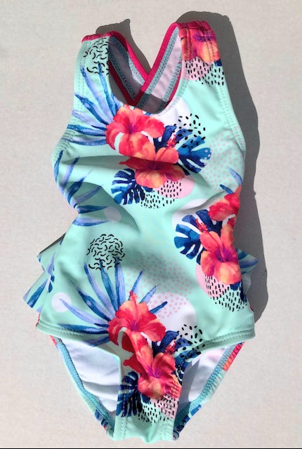 Baby Girls Aqua and Pink Tropical Flowers One Piece  Swimsuit