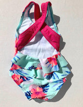Load image into Gallery viewer, Baby Girls Aqua and Pink Tropical Flowers One Piece  Swimsuit
