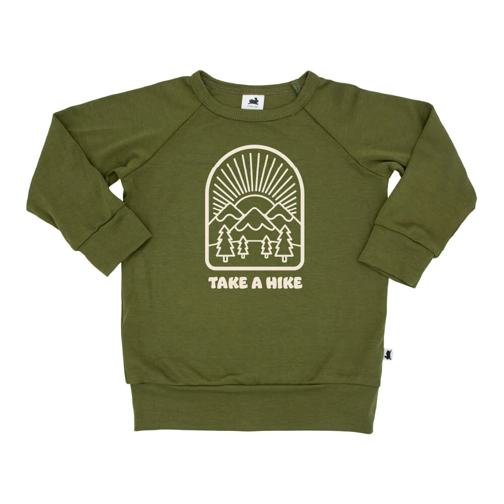 Little and Lively ‘Take a Hike’ Bamboo/Cotton Pullover in Olive Green : Sizes NB to 14 Years
