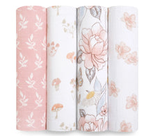 Load image into Gallery viewer, Aden + Anais Silky Soft Muslin Cotton Swaddle Blanket in Pink with White Leaves Print
