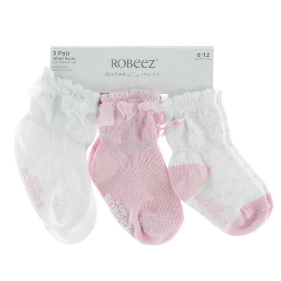 Robeez Kick Proof Stay On Socks for Girls Packs of 3: Pink Frills